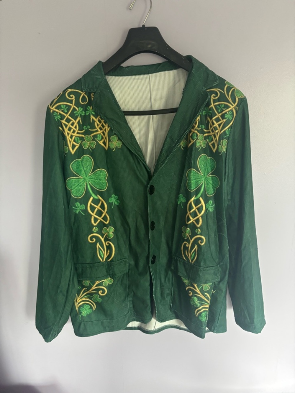 Amazon Green Embroidered Shamrock Shirt Jacket with Gold Accents
